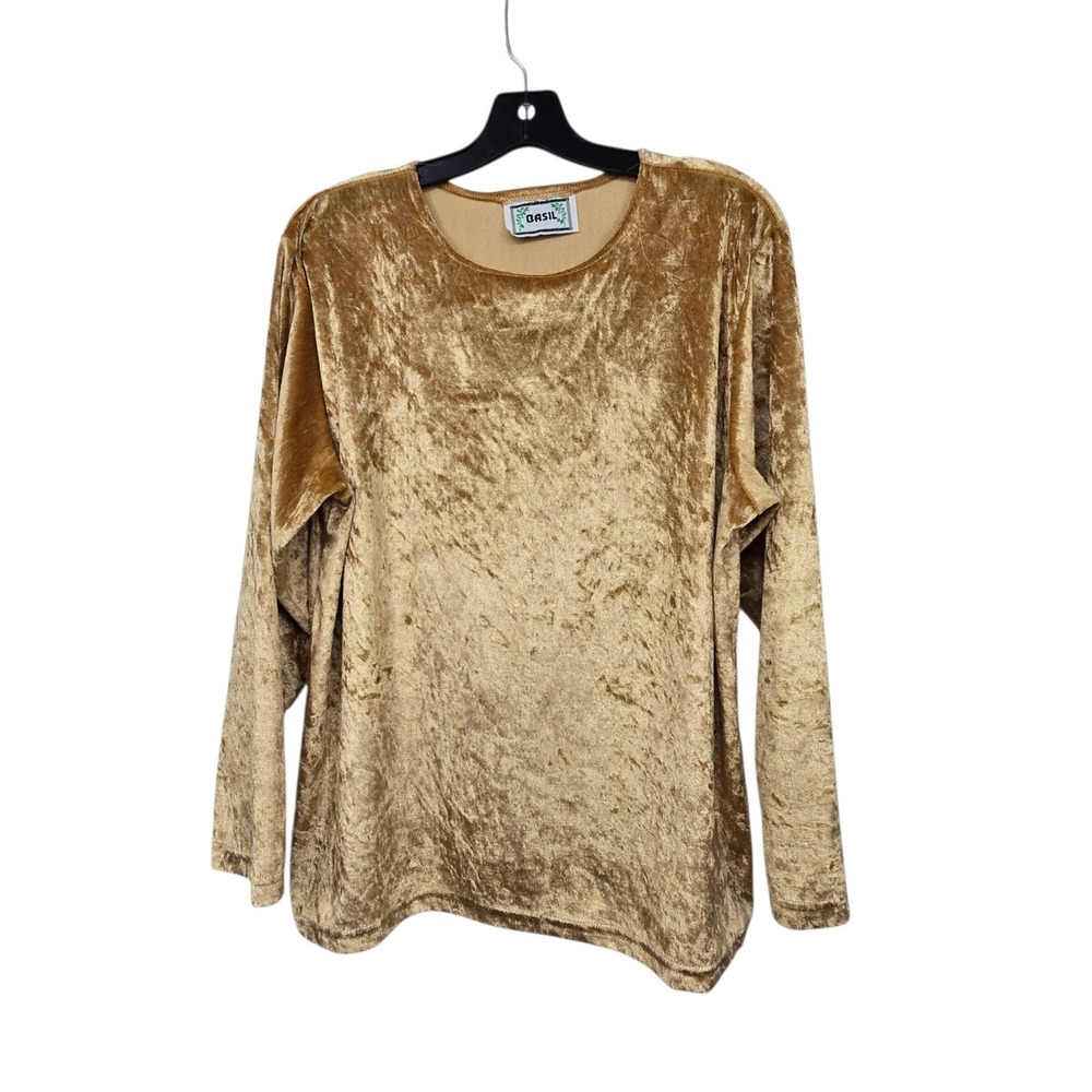 Vintage 90s Y2K Crushed Velvet Long Sleeve Top Womens XL 1X Gold Fall Autumn